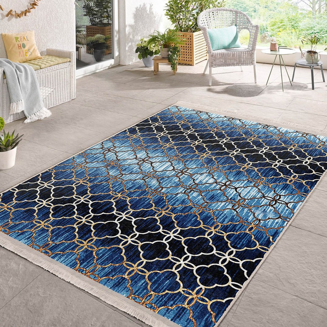 Geometric Area Rug|Farmhouse Style Rug|Boho Design Carpet|Machine-Washable Fringed Non-Slip Mat|Multi-Purpose Anti-Slip Abstract Carpet