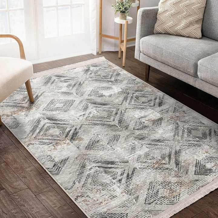 Abstract Area Carpet|Diamond Pattern Rug|Boho Design Rug|Machine-Washable Fringed Non-Slip Mat|Multi-Purpose Anti-Slip Housewarming Carpet
