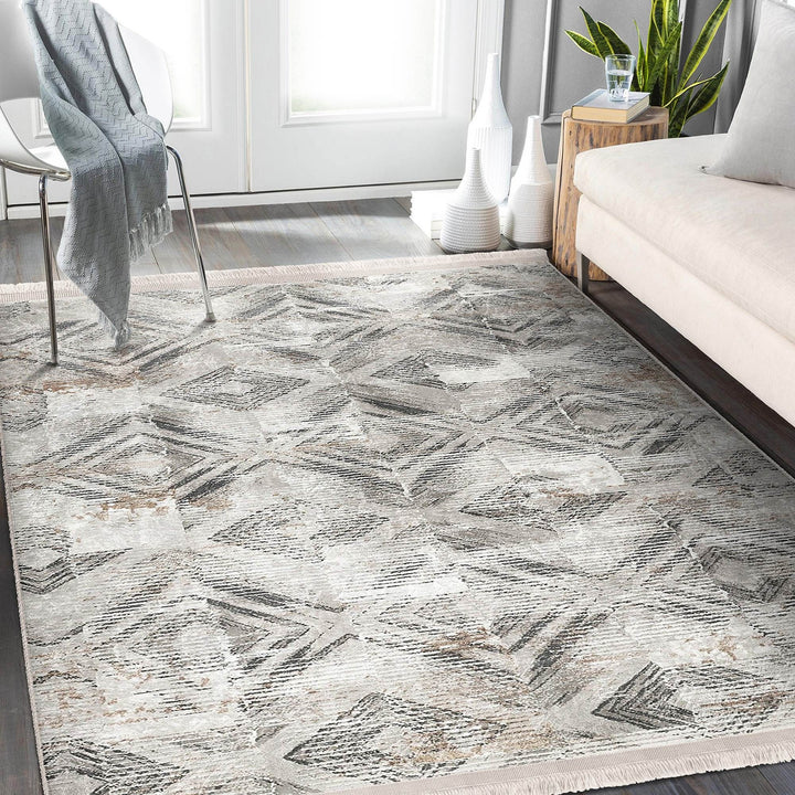 Abstract Area Carpet|Diamond Pattern Rug|Boho Design Rug|Machine-Washable Fringed Non-Slip Mat|Multi-Purpose Anti-Slip Housewarming Carpet