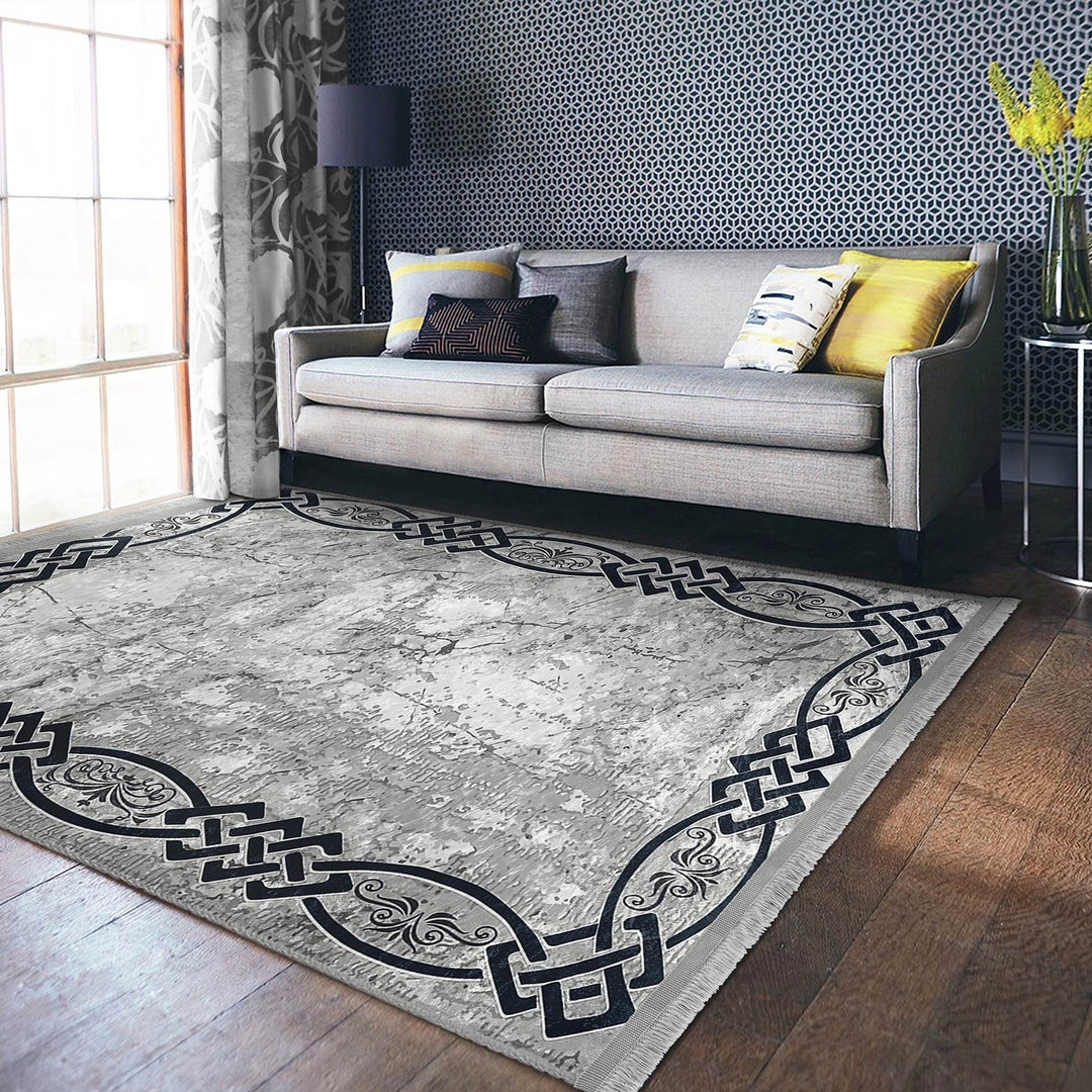Gray Area Carpet|Bordered Boho Rug|Stylish Modern Rug|Abstract Home Decor|Machine-Washable Fringed Non-Slip Mat|Multi-Purpose Decorative Mat