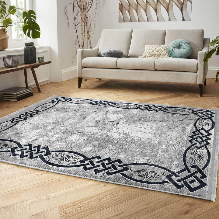 Gray Area Carpet|Bordered Boho Rug|Stylish Modern Rug|Abstract Home Decor|Machine-Washable Fringed Non-Slip Mat|Multi-Purpose Decorative Mat