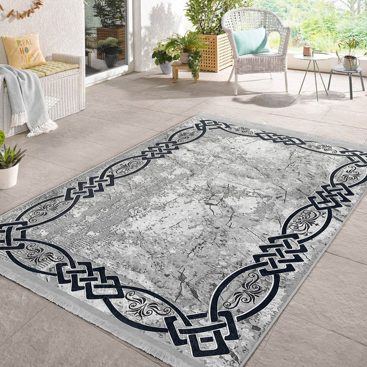 Gray Area Carpet|Bordered Boho Rug|Stylish Modern Rug|Abstract Home Decor|Machine-Washable Fringed Non-Slip Mat|Multi-Purpose Decorative Mat