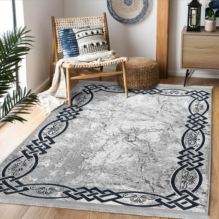 Gray Area Carpet|Bordered Boho Rug|Stylish Modern Rug|Abstract Home Decor|Machine-Washable Fringed Non-Slip Mat|Multi-Purpose Decorative Mat