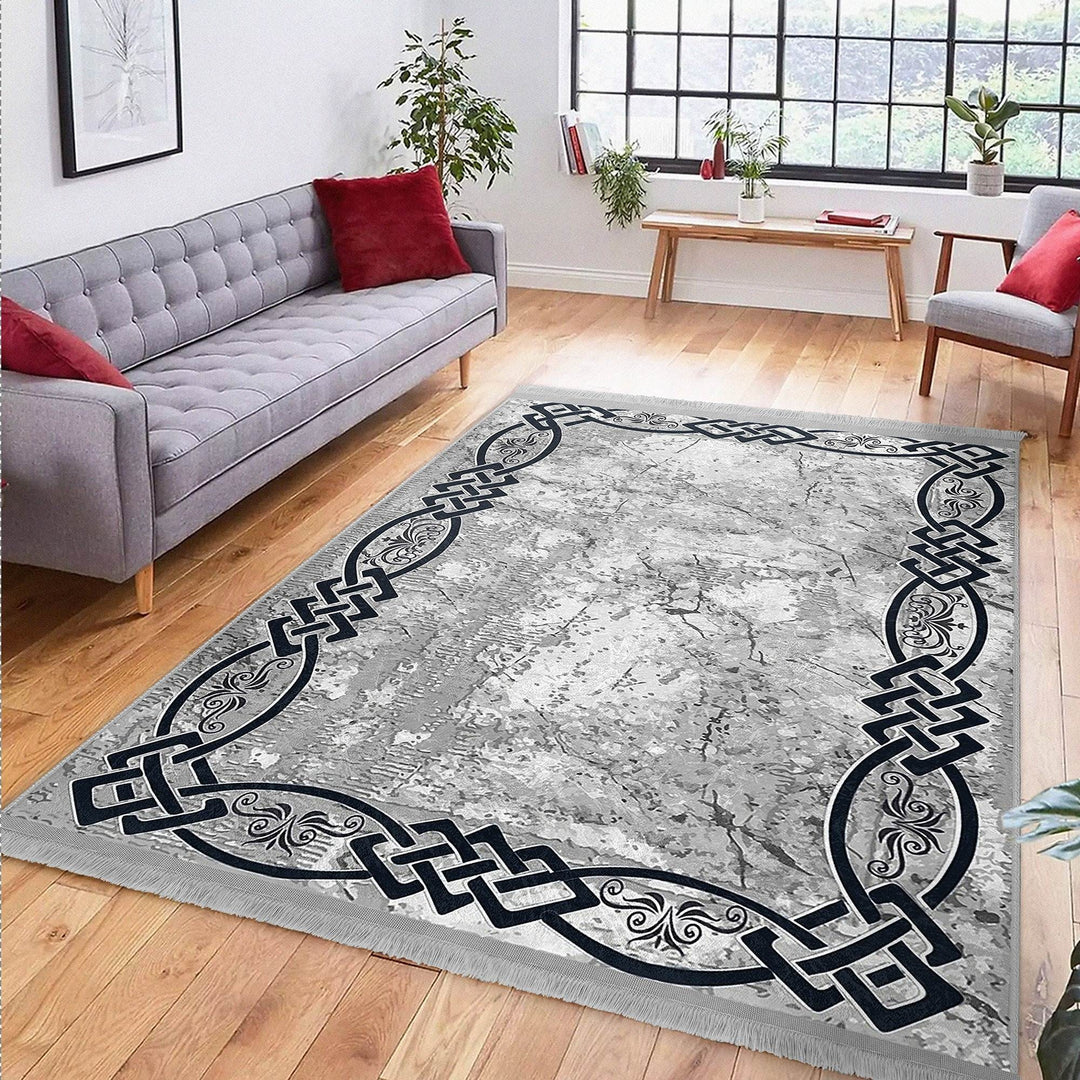 Gray Area Carpet|Bordered Boho Rug|Stylish Modern Rug|Abstract Home Decor|Machine-Washable Fringed Non-Slip Mat|Multi-Purpose Decorative Mat