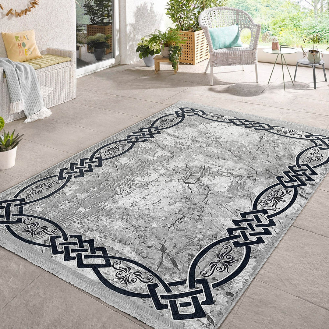 Gray Area Carpet|Bordered Boho Rug|Stylish Modern Rug|Abstract Home Decor|Machine-Washable Fringed Non-Slip Mat|Multi-Purpose Decorative Mat