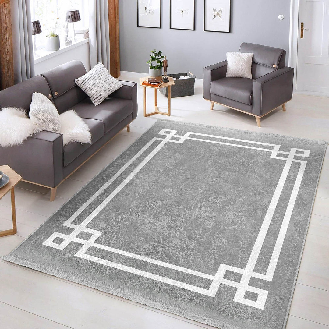 Bordered Gray Rug|Multi-Purpose Anti-Slip Geometric Carpet|Farmhouse Style Rug|Boho Design Carpet|Machine-Washable Fringed Non-Slip Mat
