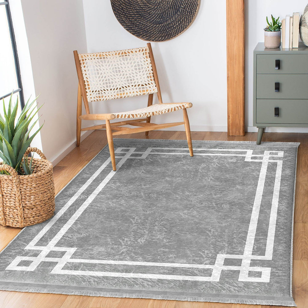 Bordered Gray Rug|Multi-Purpose Anti-Slip Geometric Carpet|Farmhouse Style Rug|Boho Design Carpet|Machine-Washable Fringed Non-Slip Mat