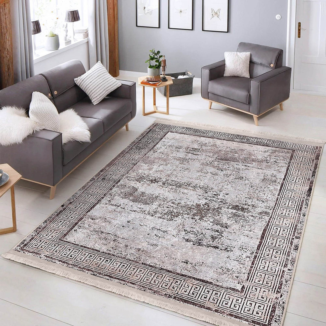 Bordered Area Rug|Greek Key Rug|Boho Design Carpet|Machine-Washable Fringed Non-Slip Mat|Multi-Purpose Anti-Slip Abstract Geometric Carpet