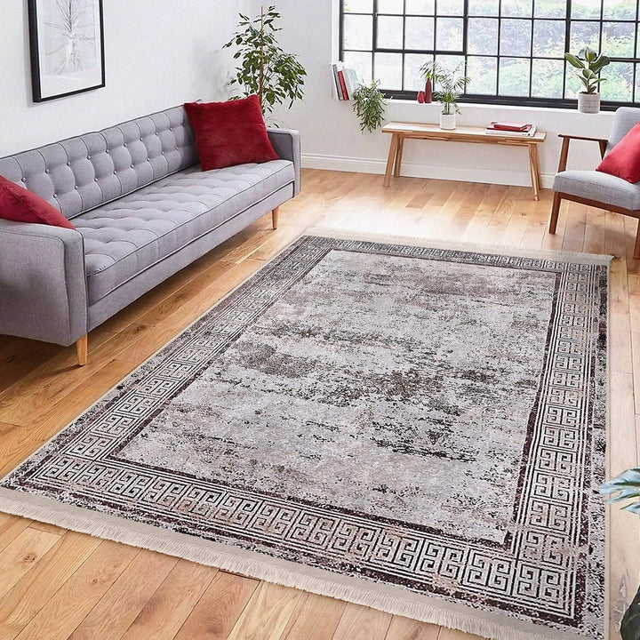 Bordered Area Rug|Greek Key Rug|Boho Design Carpet|Machine-Washable Fringed Non-Slip Mat|Multi-Purpose Anti-Slip Abstract Geometric Carpet