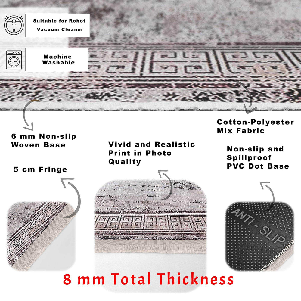 Bordered Area Rug|Greek Key Rug|Boho Design Carpet|Machine-Washable Fringed Non-Slip Mat|Multi-Purpose Anti-Slip Abstract Geometric Carpet