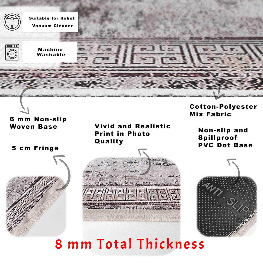 Bordered Area Rug|Greek Key Rug|Boho Design Carpet|Machine-Washable Fringed Non-Slip Mat|Multi-Purpose Anti-Slip Abstract Geometric Carpet