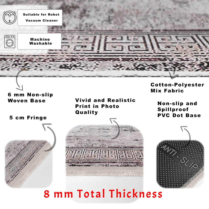 Bordered Area Rug|Greek Key Rug|Boho Design Carpet|Machine-Washable Fringed Non-Slip Mat|Multi-Purpose Anti-Slip Abstract Geometric Carpet
