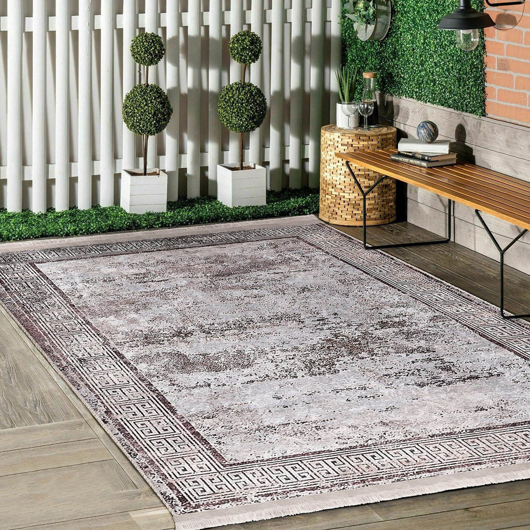 Bordered Area Rug|Greek Key Rug|Boho Design Carpet|Machine-Washable Fringed Non-Slip Mat|Multi-Purpose Anti-Slip Abstract Geometric Carpet