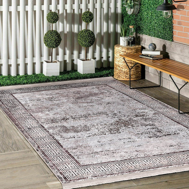 Bordered Area Rug|Greek Key Rug|Boho Design Carpet|Machine-Washable Fringed Non-Slip Mat|Multi-Purpose Anti-Slip Abstract Geometric Carpet