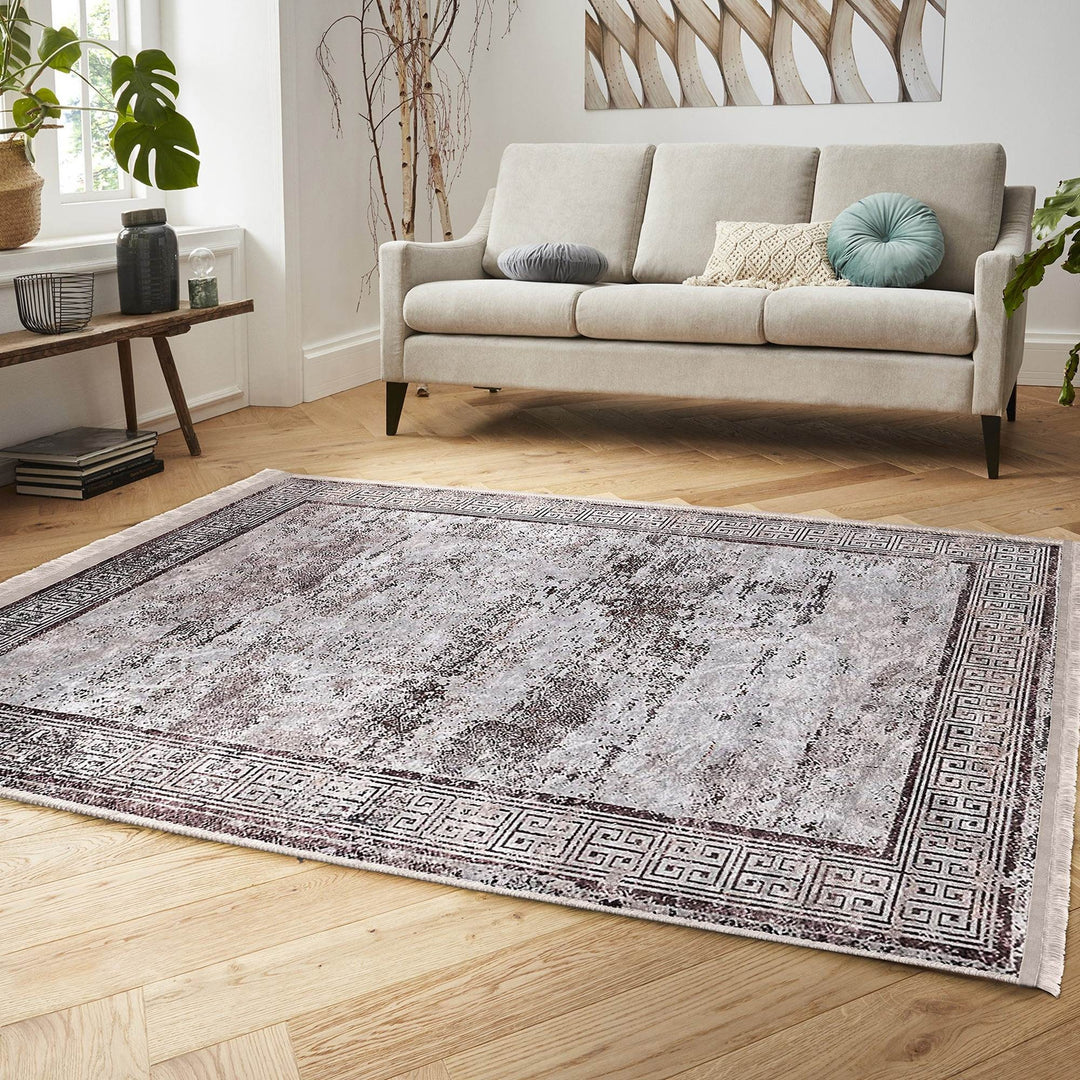 Bordered Area Rug|Greek Key Rug|Boho Design Carpet|Machine-Washable Fringed Non-Slip Mat|Multi-Purpose Anti-Slip Abstract Geometric Carpet
