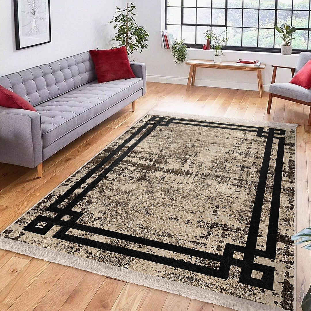 Bordered Area Rug|Farmhouse Style Rug|Boho Design Carpet|Machine-Washable Fringed Non-Slip Mat|Multi-Purpose Anti-Slip Abstract Carpet