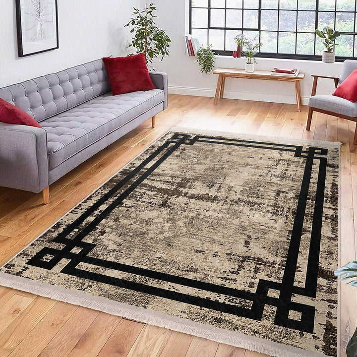 Bordered Area Rug|Farmhouse Style Rug|Boho Design Carpet|Machine-Washable Fringed Non-Slip Mat|Multi-Purpose Anti-Slip Abstract Carpet