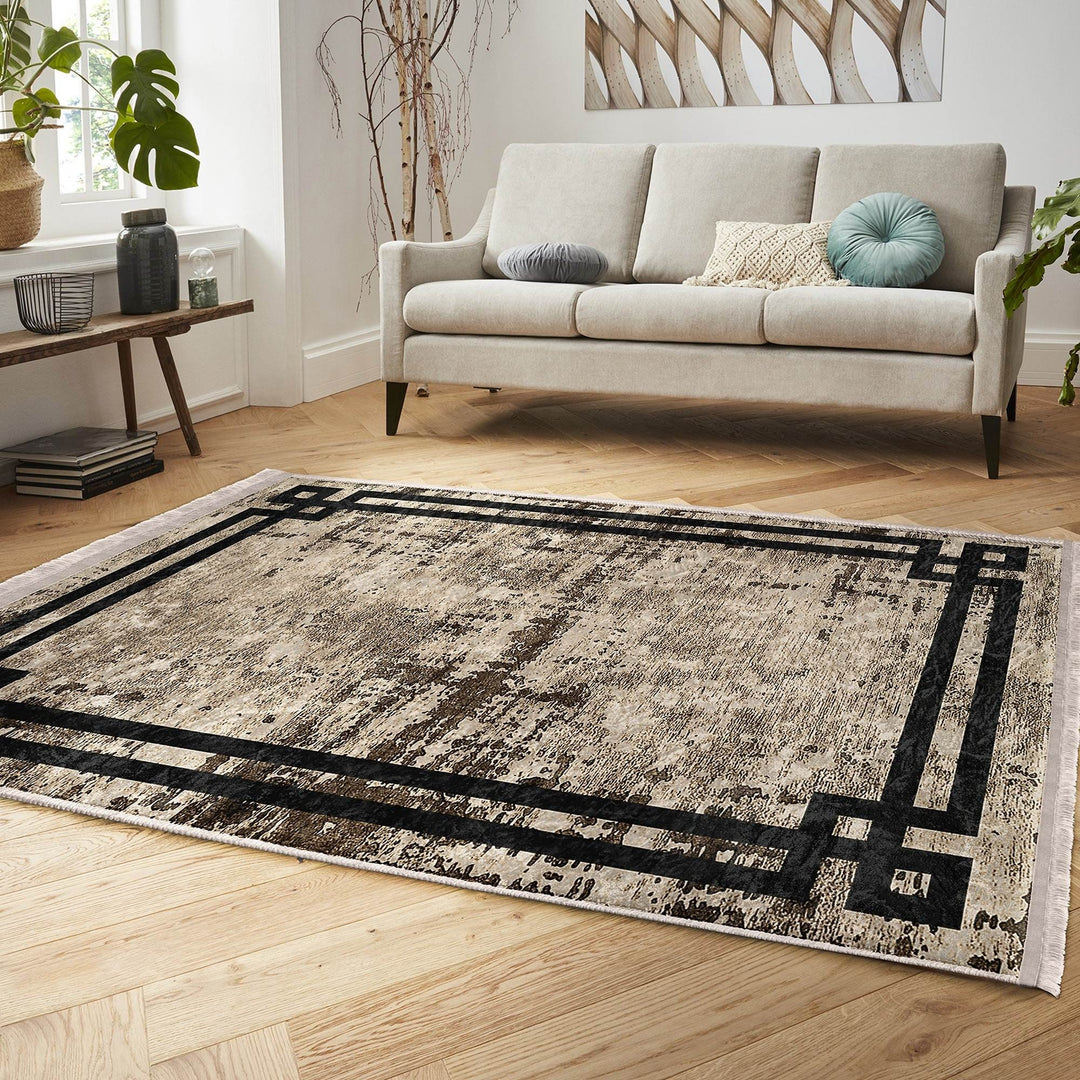 Bordered Area Rug|Farmhouse Style Rug|Boho Design Carpet|Machine-Washable Fringed Non-Slip Mat|Multi-Purpose Anti-Slip Abstract Carpet