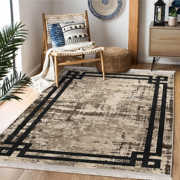 Bordered Area Rug|Farmhouse Style Rug|Boho Design Carpet|Machine-Washable Fringed Non-Slip Mat|Multi-Purpose Anti-Slip Abstract Carpet