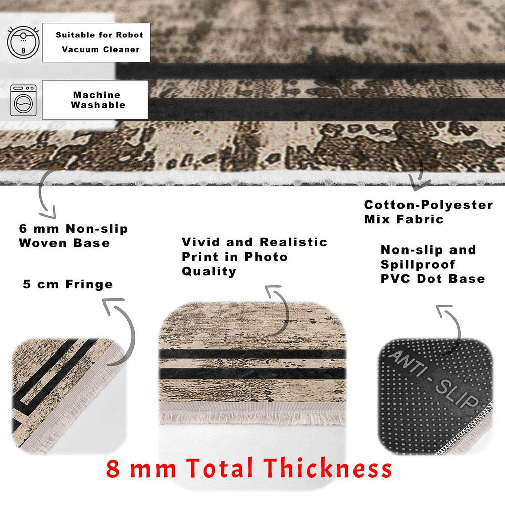 Bordered Area Rug|Farmhouse Style Rug|Boho Design Carpet|Machine-Washable Fringed Non-Slip Mat|Multi-Purpose Anti-Slip Abstract Carpet