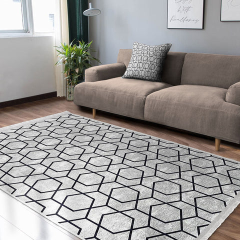 Hexagon Pattern Rug|Abstract Living Room Rug|Geometric Carpet|Machine-Washable Fringed Non-Slip Mat|Decorative Multi-Purpose Anti-Slip Mat