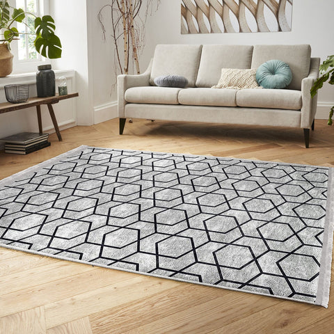 Hexagon Pattern Rug|Abstract Living Room Rug|Geometric Carpet|Machine-Washable Fringed Non-Slip Mat|Decorative Multi-Purpose Anti-Slip Mat