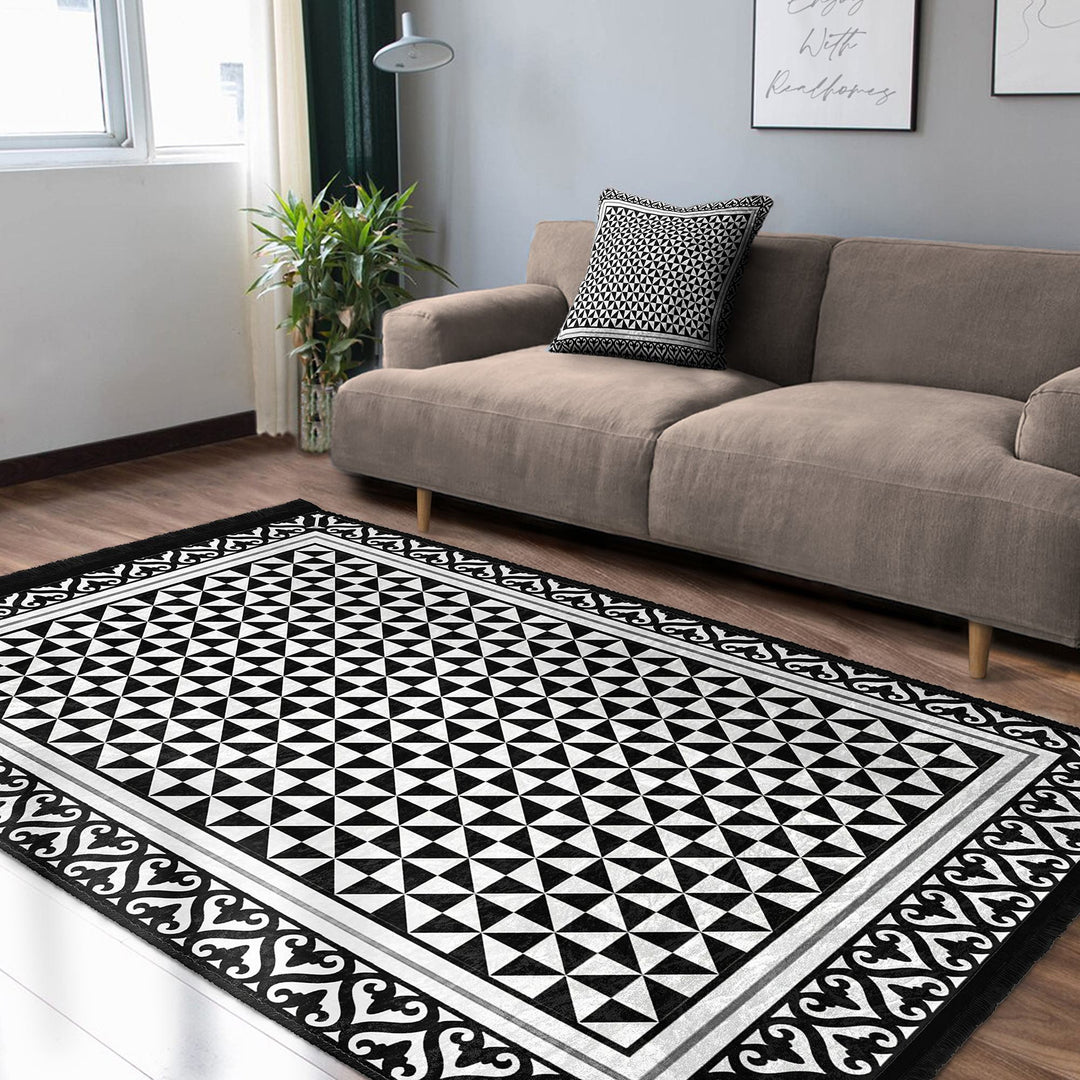 Triangle Pattern Rug|Geometric Carpet|BW Boho Carpet|Machine-Washable Fringed Non-Slip Mat|Abstract Design Multi-Purpose Anti-Slip Rug