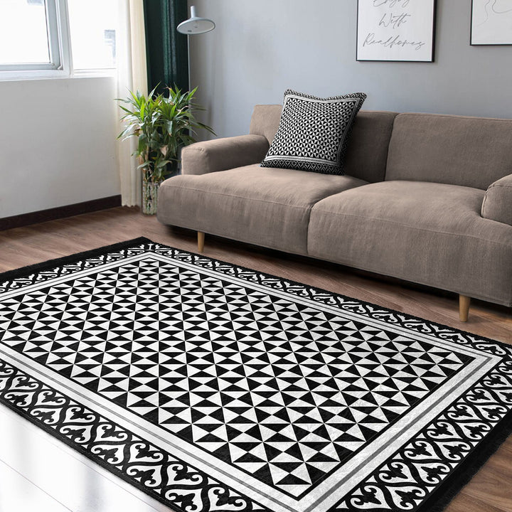 Triangle Pattern Rug|Geometric Carpet|BW Boho Carpet|Machine-Washable Fringed Non-Slip Mat|Abstract Design Multi-Purpose Anti-Slip Rug