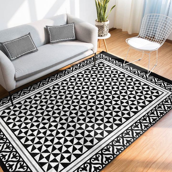 Triangle Pattern Rug|Geometric Carpet|BW Boho Carpet|Machine-Washable Fringed Non-Slip Mat|Abstract Design Multi-Purpose Anti-Slip Rug