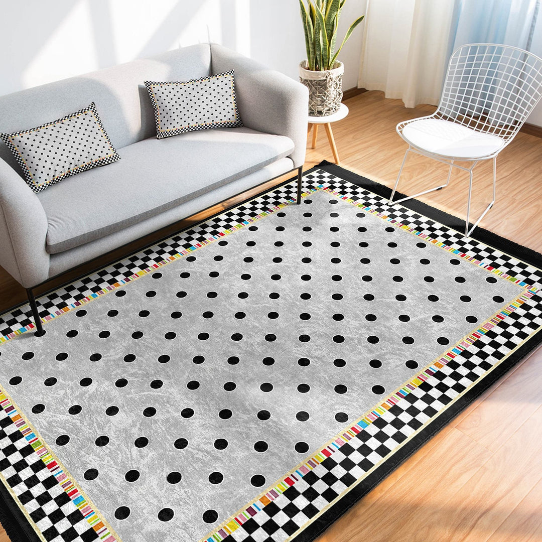 Dot Pattern Area Rug|Geometric Carpet|Checkered Carpet|Machine-Washable Fringed Non-Slip Mat|Abstract Design Multi-Purpose Anti-Slip Rug
