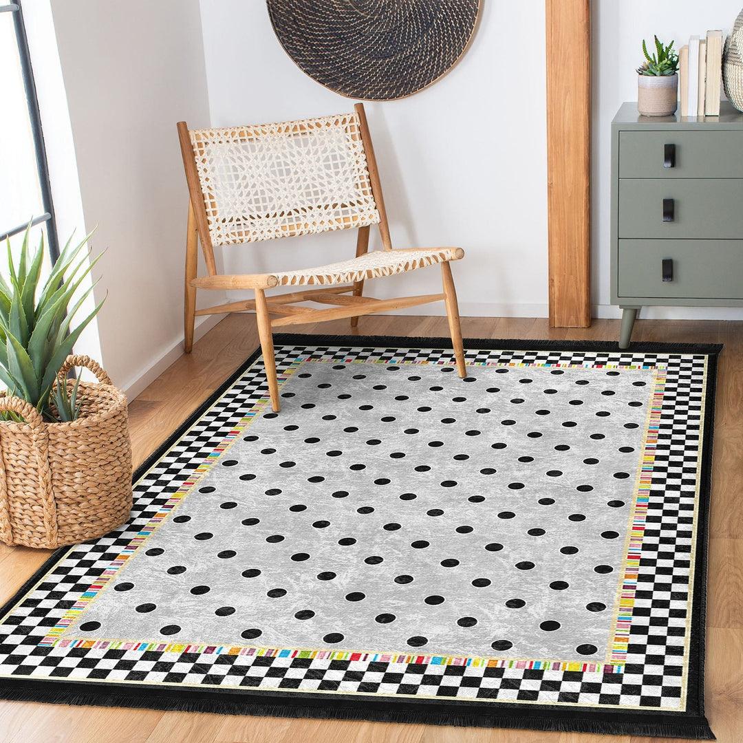 Dot Pattern Area Rug|Geometric Carpet|Checkered Carpet|Machine-Washable Fringed Non-Slip Mat|Abstract Design Multi-Purpose Anti-Slip Rug