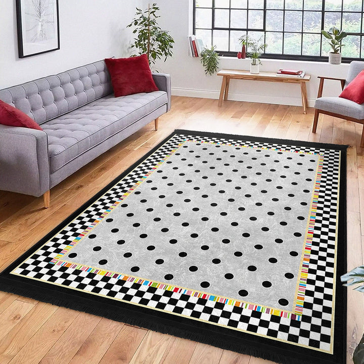 Dot Pattern Area Rug|Geometric Carpet|Checkered Carpet|Machine-Washable Fringed Non-Slip Mat|Abstract Design Multi-Purpose Anti-Slip Rug