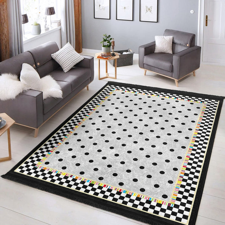 Dot Pattern Area Rug|Geometric Carpet|Checkered Carpet|Machine-Washable Fringed Non-Slip Mat|Abstract Design Multi-Purpose Anti-Slip Rug