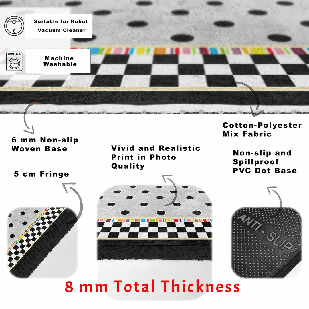 Dot Pattern Area Rug|Geometric Carpet|Checkered Carpet|Machine-Washable Fringed Non-Slip Mat|Abstract Design Multi-Purpose Anti-Slip Rug
