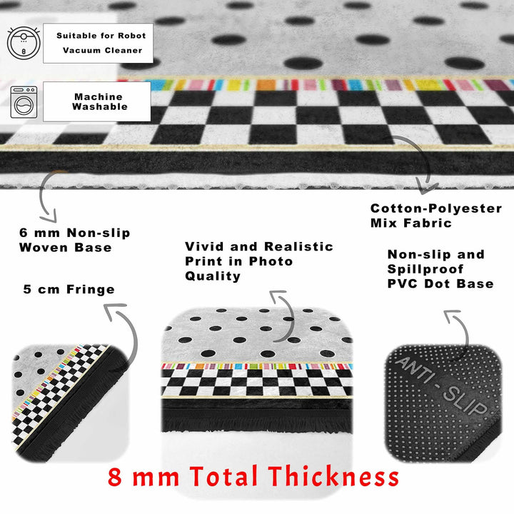 Dot Pattern Area Rug|Geometric Carpet|Checkered Carpet|Machine-Washable Fringed Non-Slip Mat|Abstract Design Multi-Purpose Anti-Slip Rug