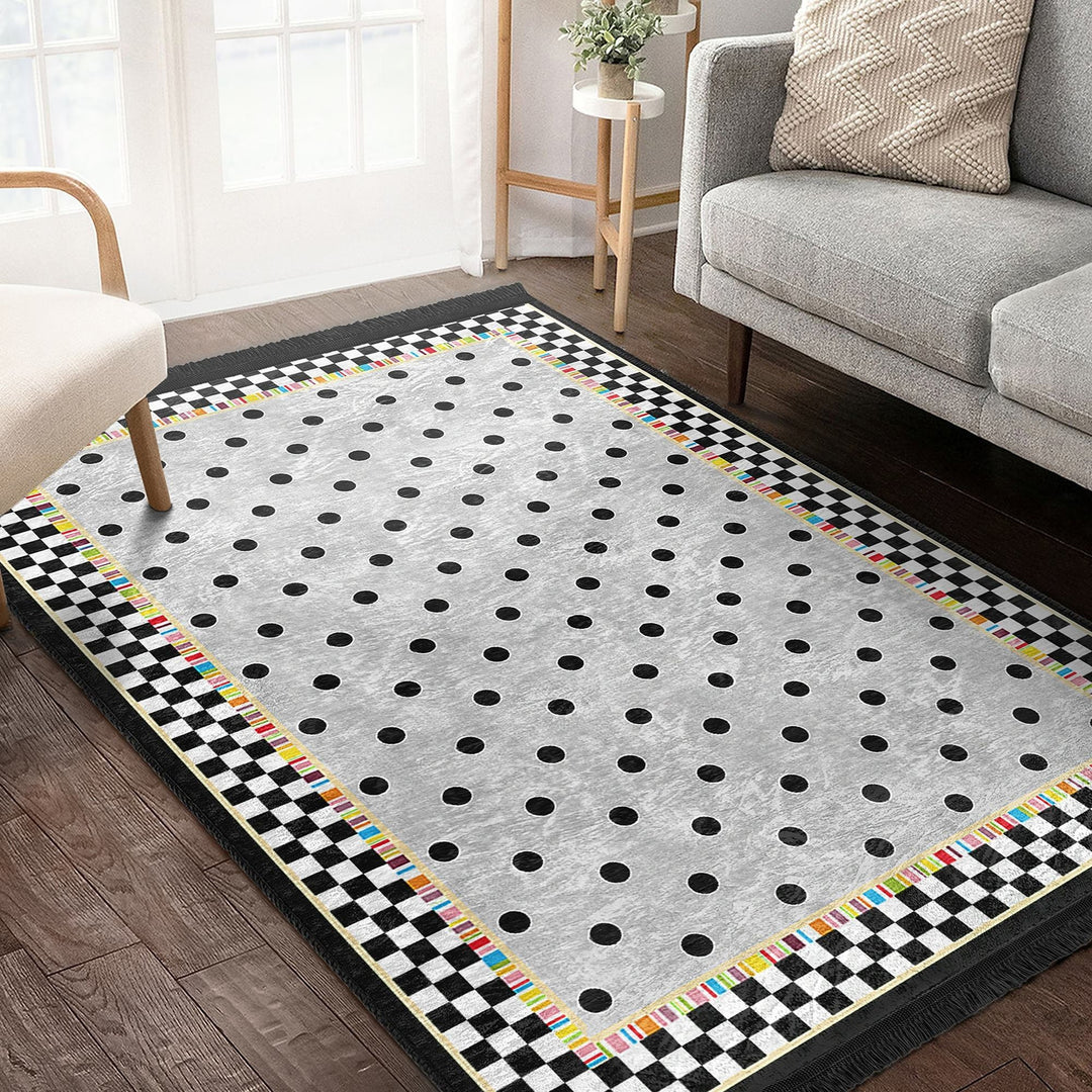 Dot Pattern Area Rug|Geometric Carpet|Checkered Carpet|Machine-Washable Fringed Non-Slip Mat|Abstract Design Multi-Purpose Anti-Slip Rug