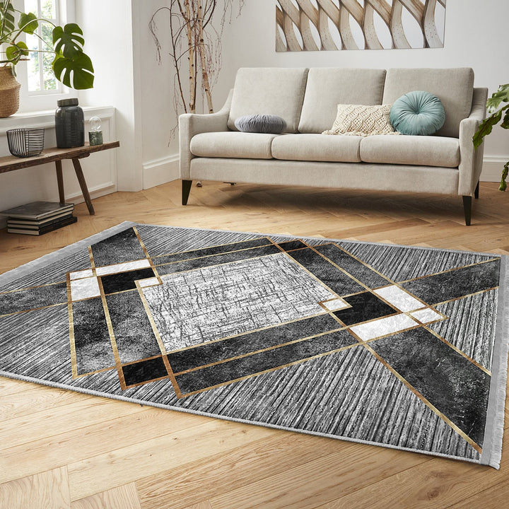Geometric Area Rug|Gray Boho Carpet|Machine-Washable Fringed Non-Slip Mat|Abstract Multi-Purpose Anti-Slip Carpet|Stylish Living Room Rug