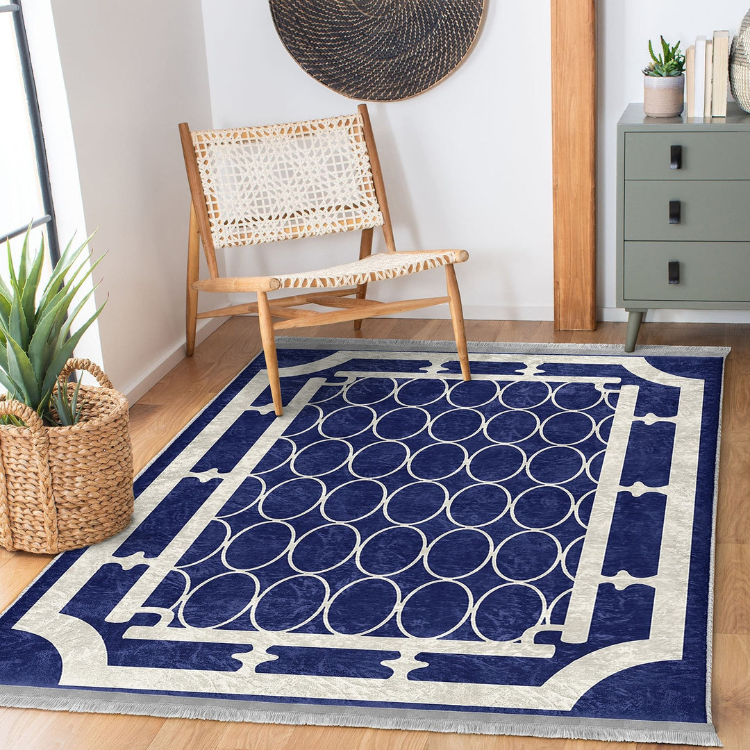 Ellipse Pattern Rug|Geometric Carpet|Bordered Area Carpet|Machine-Washable Fringed Non-Slip Mat|Abstract Design Multi-Purpose Anti-Slip Rug