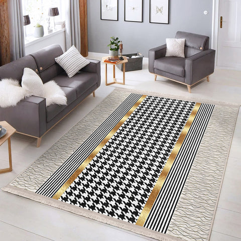 Crowbar Pattern Rug|Geometric Area Rug|Gold Detailed Carpet|Machine-Washable Fringed Non-Slip Mat|Abstract Multi-Purpose Anti-Slip Carpet