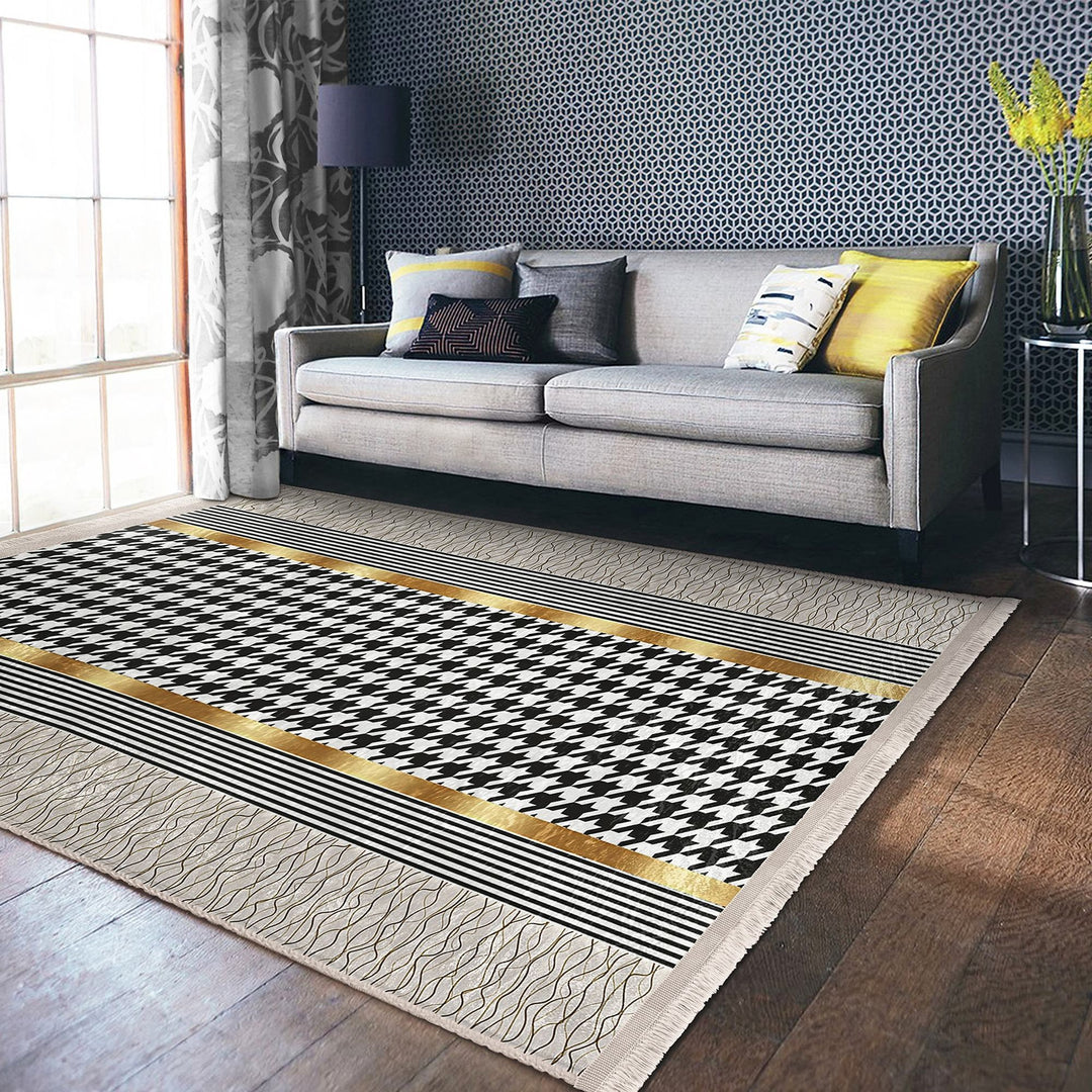 Crowbar Pattern Rug|Geometric Area Rug|Gold Detailed Carpet|Machine-Washable Fringed Non-Slip Mat|Abstract Multi-Purpose Anti-Slip Carpet