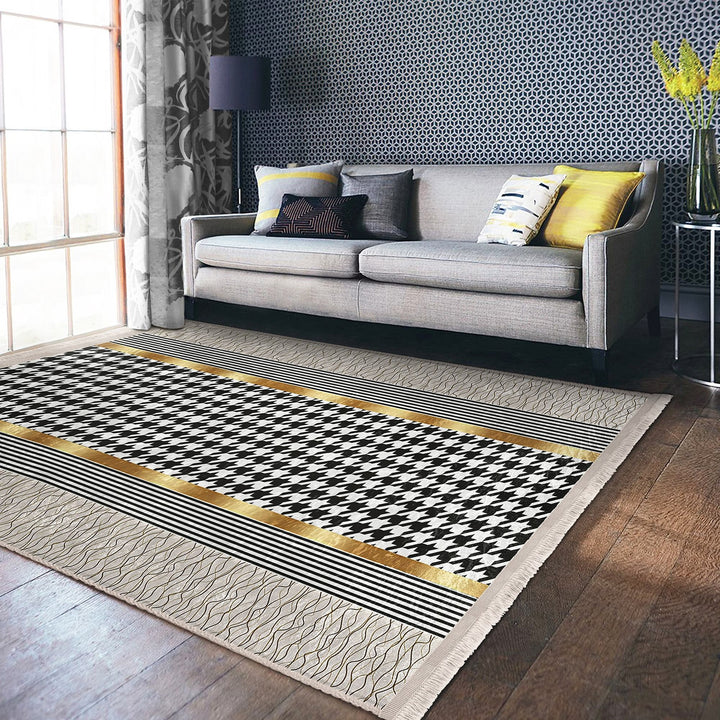 Crowbar Pattern Rug|Geometric Area Rug|Gold Detailed Carpet|Machine-Washable Fringed Non-Slip Mat|Abstract Multi-Purpose Anti-Slip Carpet