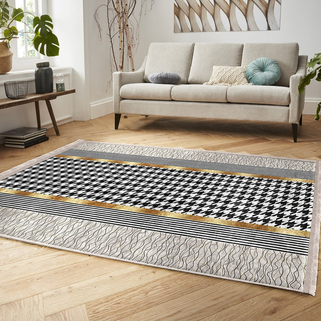 Crowbar Pattern Rug|Geometric Area Rug|Gold Detailed Carpet|Machine-Washable Fringed Non-Slip Mat|Abstract Multi-Purpose Anti-Slip Carpet