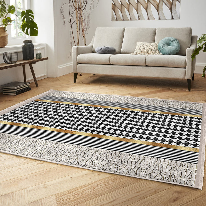Crowbar Pattern Rug|Geometric Area Rug|Gold Detailed Carpet|Machine-Washable Fringed Non-Slip Mat|Abstract Multi-Purpose Anti-Slip Carpet