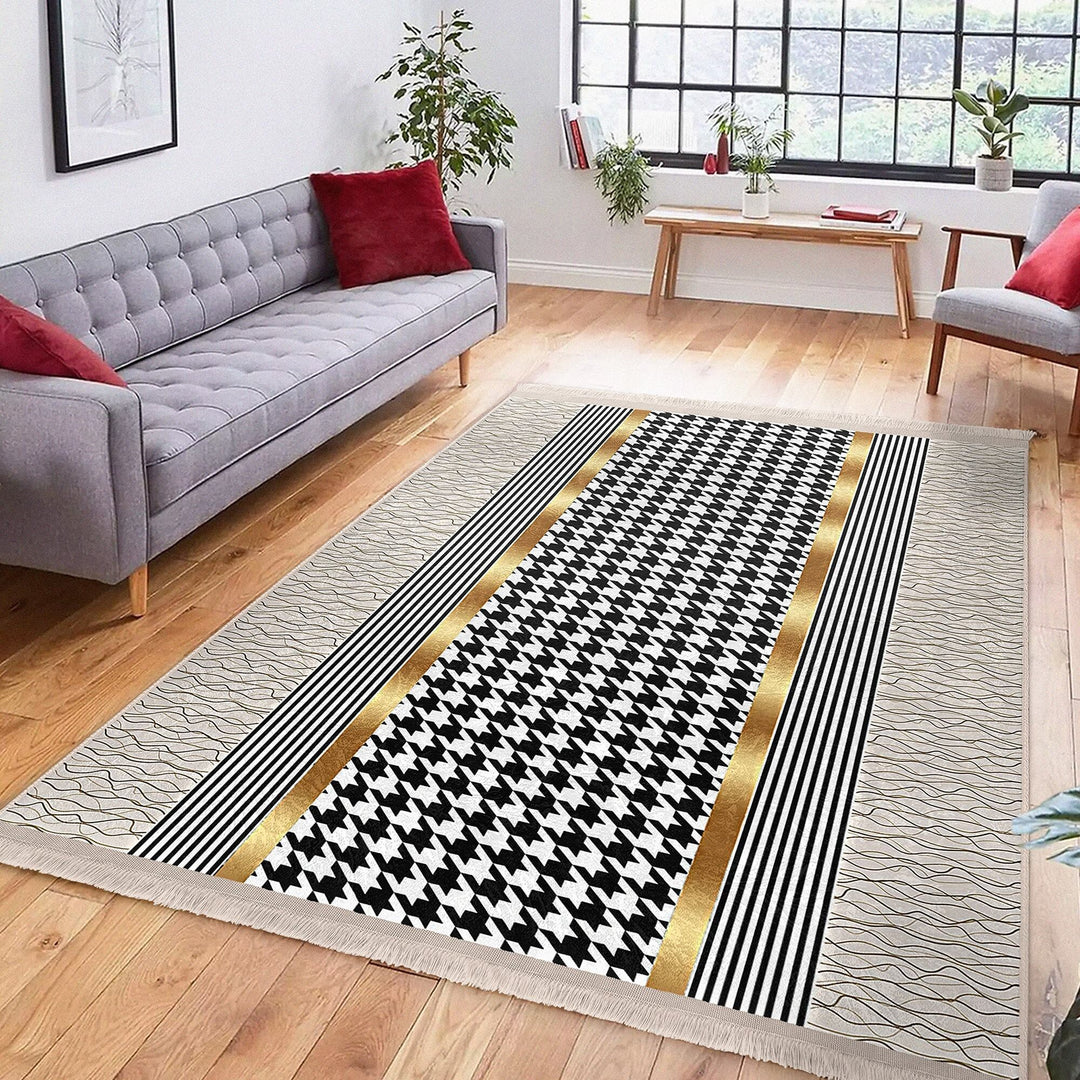 Crowbar Pattern Rug|Geometric Area Rug|Gold Detailed Carpet|Machine-Washable Fringed Non-Slip Mat|Abstract Multi-Purpose Anti-Slip Carpet