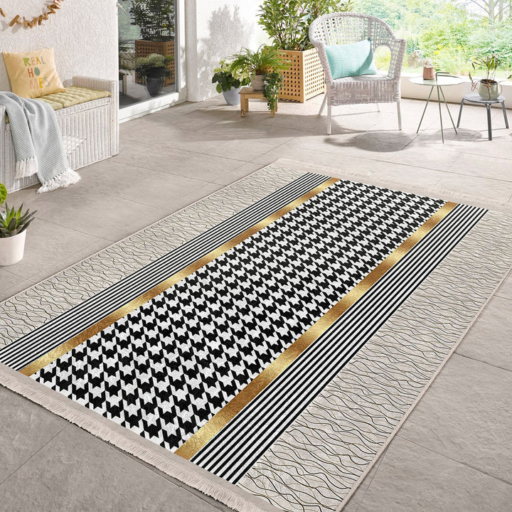 Crowbar Pattern Rug|Geometric Area Rug|Gold Detailed Carpet|Machine-Washable Fringed Non-Slip Mat|Abstract Multi-Purpose Anti-Slip Carpet