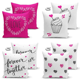 Set of 4 Valentine's Day Pillow Covers|Cupcake Print Pillowcase|Heart Cushion Case|Forever Together Print Pillowtop|Love Throw Pillow Case