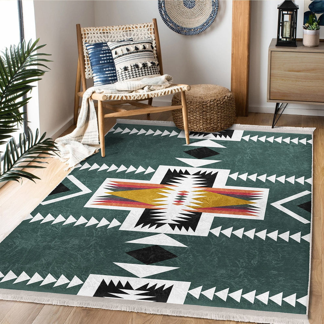 Rug Design Carpet|Southwestern Rug|Ethnic Pattern Machine-Washable Non-Slip Rug|Aztec Fringed Anti-Slip Floor Mat|Rustic Geometric Decor