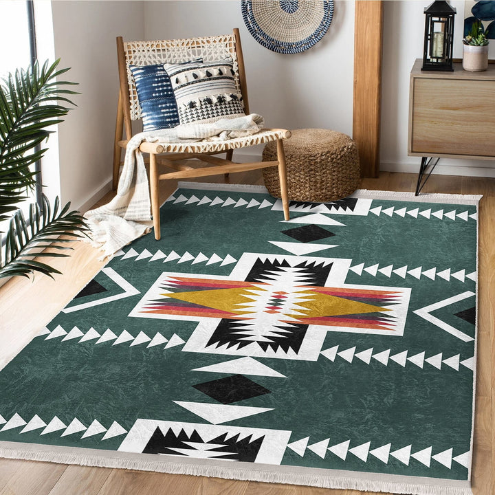Rug Design Carpet|Southwestern Rug|Ethnic Pattern Machine-Washable Non-Slip Rug|Aztec Fringed Anti-Slip Floor Mat|Rustic Geometric Decor