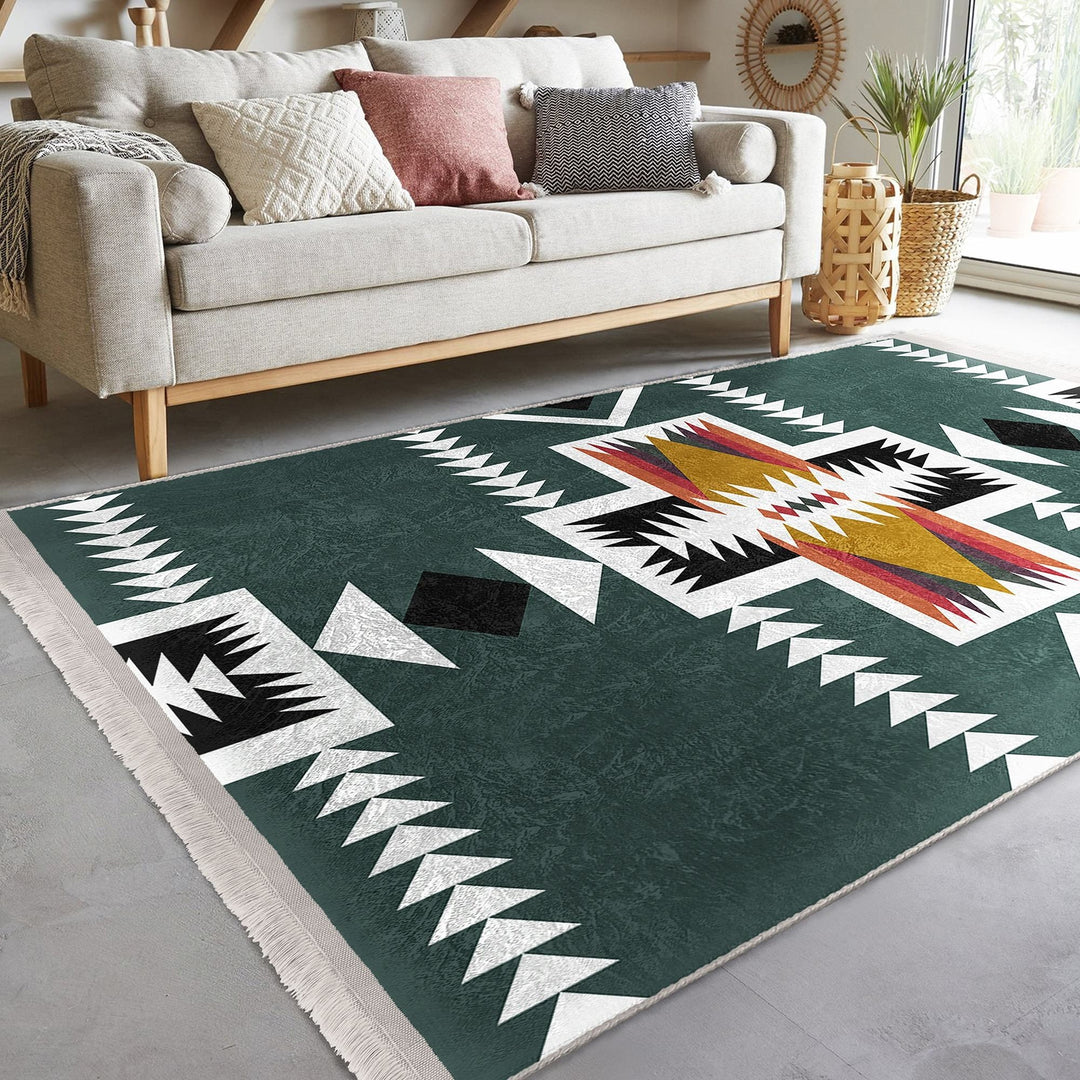 Rug Design Carpet|Southwestern Rug|Ethnic Pattern Machine-Washable Non-Slip Rug|Aztec Fringed Anti-Slip Floor Mat|Rustic Geometric Decor