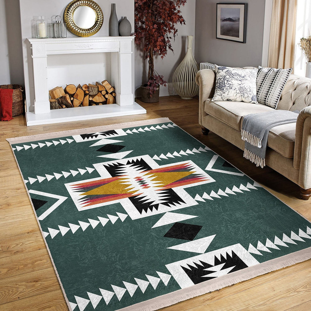 Rug Design Carpet|Southwestern Rug|Ethnic Pattern Machine-Washable Non-Slip Rug|Aztec Fringed Anti-Slip Floor Mat|Rustic Geometric Decor